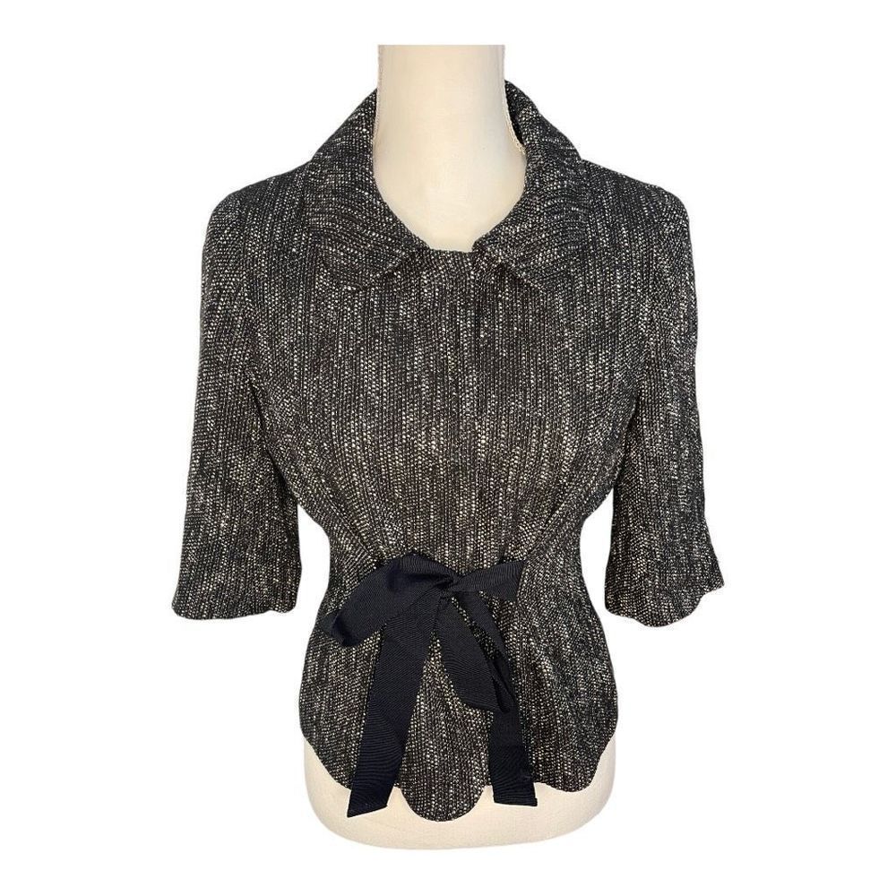 Talbots Size 4 Petite Black & White Tweed Snap Button Tie-Front Blazer